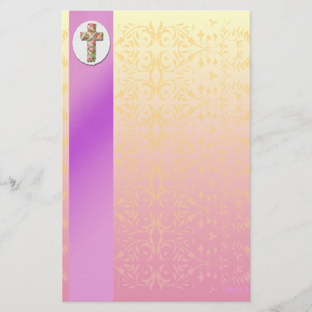 Floral Cross Elegant Pastel Stationery (Front)