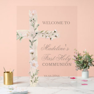 floral cross First Communion welcome sign