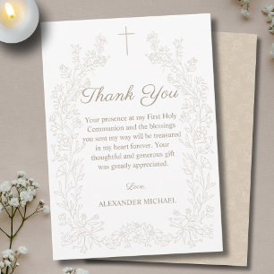 Floral Cross First Holy Communion Thank You Card
