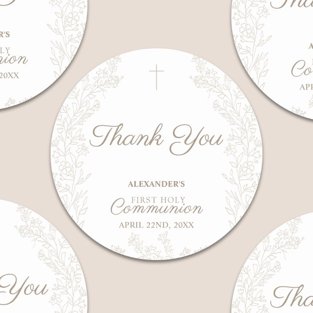 Floral Cross First Holy Communion Thank You Classic Round Sticker (Creator Uploaded)