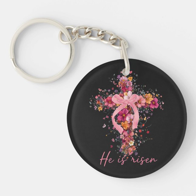 Floral Cross  'He Is Risen' Key Ring (Front)