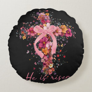 Floral Cross 'He Is Risen' Round Cushion