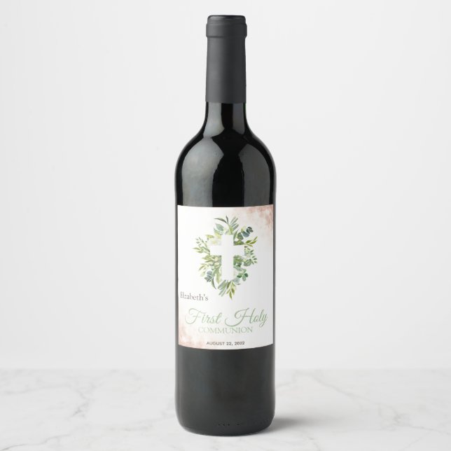  Floral Cross Leaves First Holy Communion   Wine Label (Front)