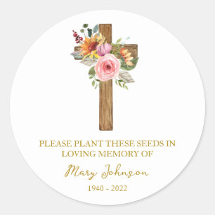 Floral Cross Memorial Funeral Seed Packet Classic Round Sticker