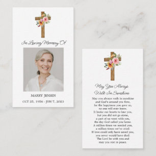 Floral Cross Memorial Photo Funeral Prayer Card