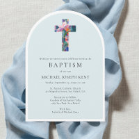 Floral Cross Modern Catholic Custom Photo Baptism