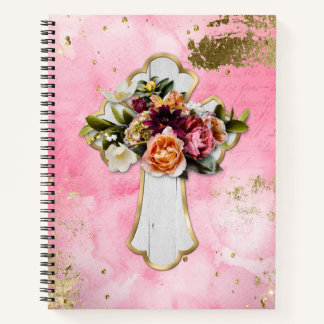 Floral Cross on Pink Watercolor Notebook
