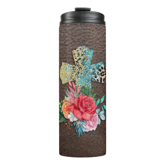 Floral Cross on Textured Leather Background  Thermal Tumbler (Front)