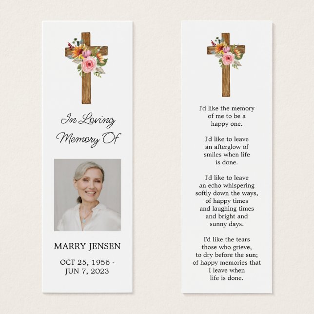 Floral Cross Photo Funeral Bookmark (Front & Back)