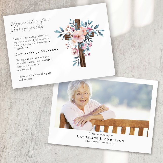 Floral Cross Photo Sympathy Funeral Memorial Thank You Card (Creator Uploaded)