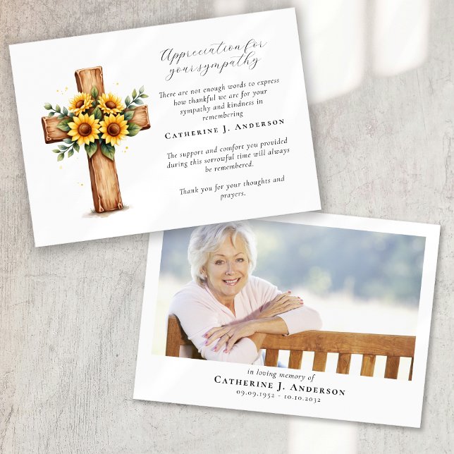 Floral Cross Photo Sympathy Funeral Memorial Thank You Card (Creator Uploaded)