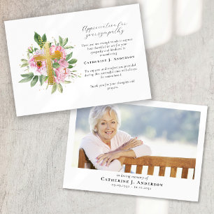 Floral Cross Photo Sympathy Funeral Memorial Thank You Card