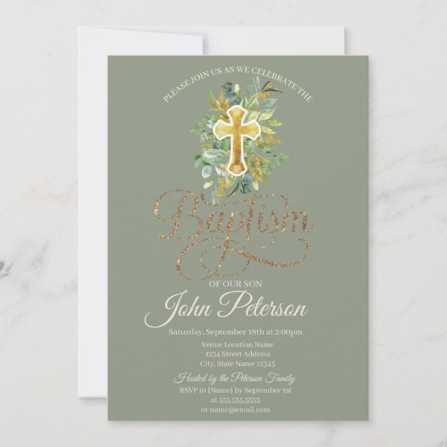  Floral Cross Sage Green Baptism Invitation (Front)