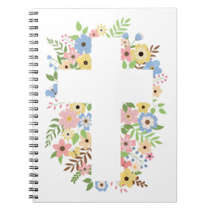 Floral Cross White Spiral Notebook