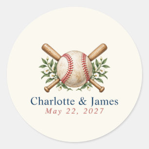 Floral Crossed Bats Vintage Baseball Wedding Paper Classic Round Sticker