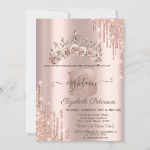 Floral Crown Glitter Drips Rose Gold 18th  Invitation