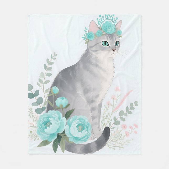 Floral Crown Grey Cat Fleece Blanket (Front)