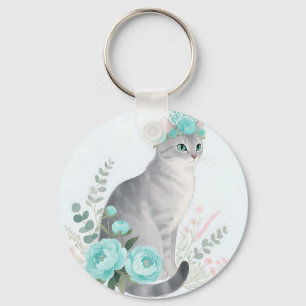 Floral Crown Grey Cat Key Ring