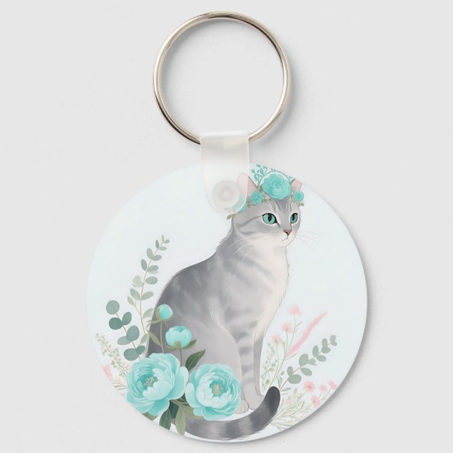 Floral Crown Grey Cat Key Ring (Front)