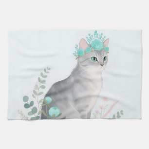 Floral Crown Grey Cat Tea Towel