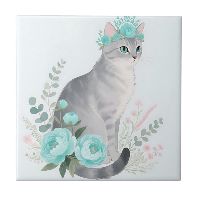 Floral Crown Grey Cat Tile (Front)