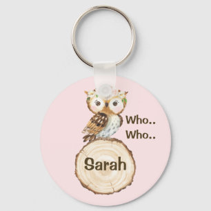 Floral Crown Owl And Wood Slice Personalized Key Ring