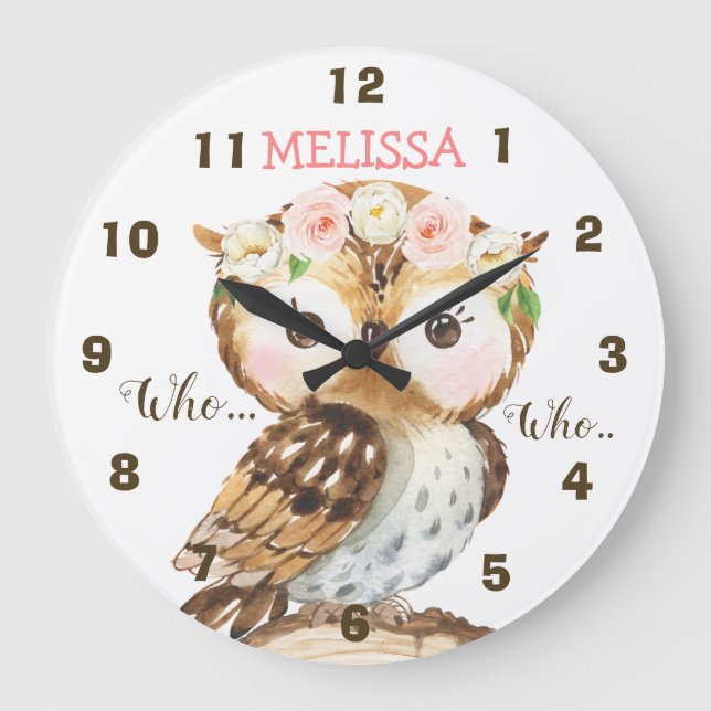 Floral Crown Owl Nursery  Wall Clock (Front)