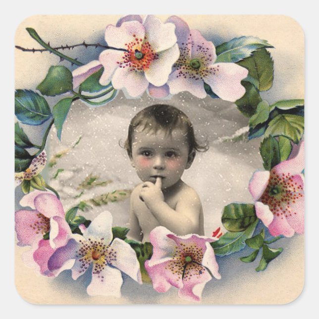 FLORAL CROWN,WILD ROSES BABY SHOWER PHOTO TEMPLATE SQUARE STICKER (Front)