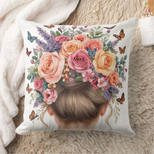 Floral Crown Woman with Roses and Butterflies Wate Cushion