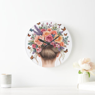 Floral Crown Woman with Roses and Butterflies Wate Large Clock