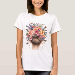 Floral Crown Woman with Roses and Butterflies Wate T-Shirt