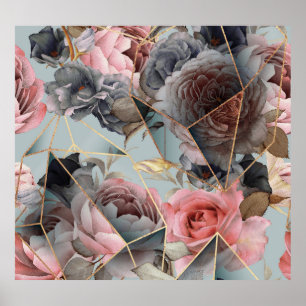 Floral crystal geometry, watercolor light backgrou poster