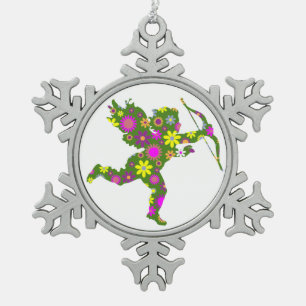 FLORAL CUPID SNOWFLAKE PEWTER CHRISTMAS ORNAMENT