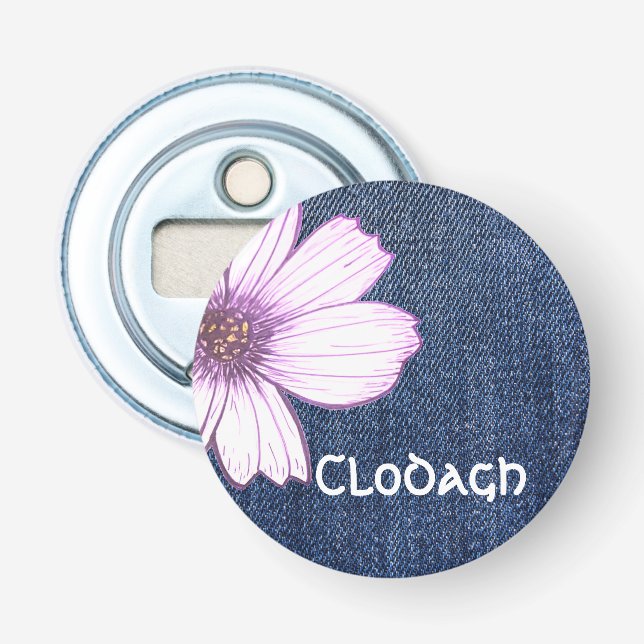Floral Custom Name blue jeans texture Bottle Opener (Front)