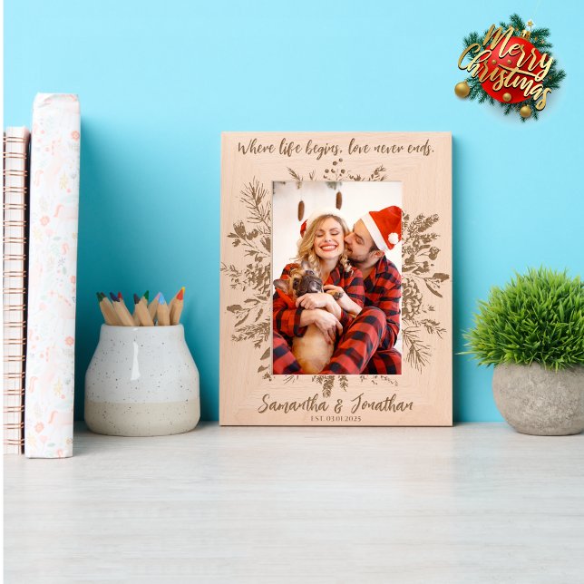 Floral Custom Name Couple Christmas Photo Keepsake Etched Frames (Creator Uploaded)