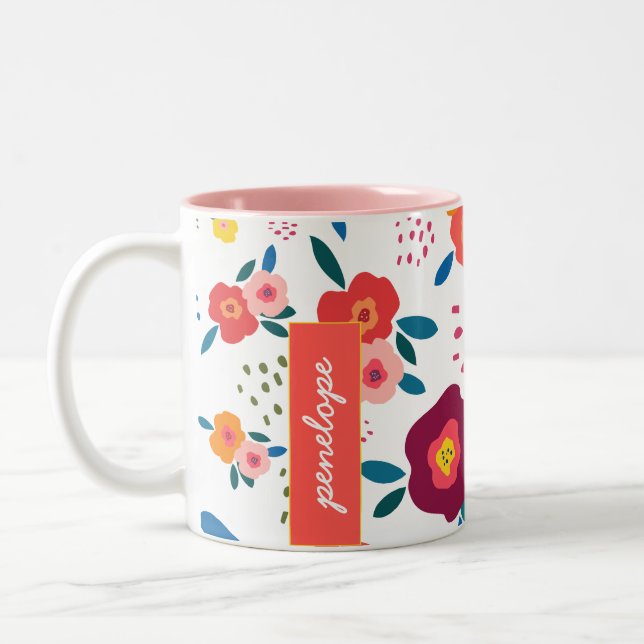 Floral Custom Name Pattern Coral Personalised Two-Tone Coffee Mug (Left)