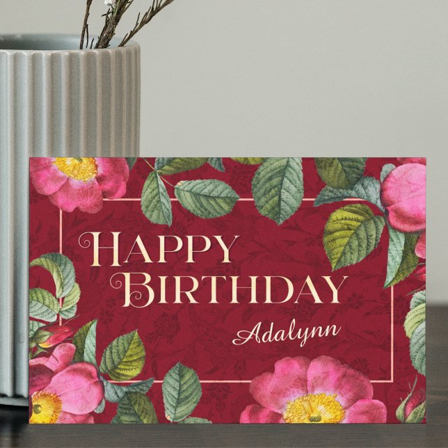 Floral Custom Name Photo Red Birthday Gift Card (Creator Uploaded)