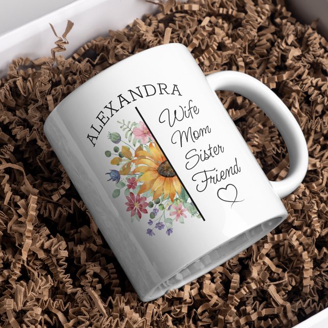 Floral Custom Name & Text Wife Mum Sister Friend Coffee Mug (Easily customize this mug to create the perfect gift for a special person.)