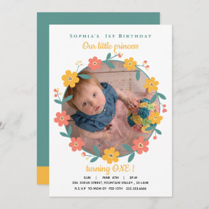 Floral  Custom Photo 1st Birthday Invitation