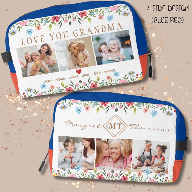 Floral Custom Text Monogram Family Photo Dopp Kit  (Unique mother's day gift to every mom, practical and personalized; you may add photos, name and text)