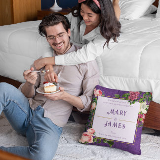 Floral Custom Text Wedding Anniversary Gift Violet Cushion