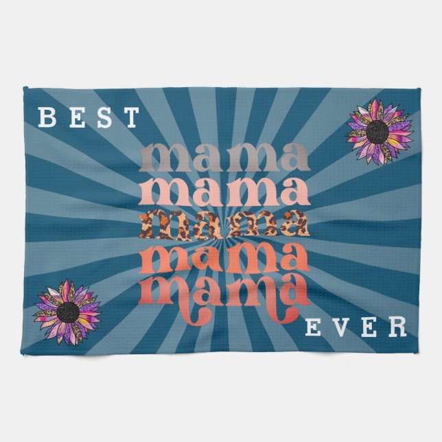 Floral Customise Best Mum Blue Tea Towel (Horizontal)