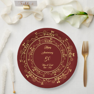 Floral Customise Happy Gold 50th Anniversary Paper Plate