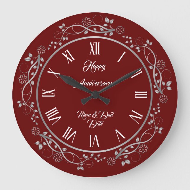 Floral Customise Happy Silver 25th Anniversary Large Clock (Front)