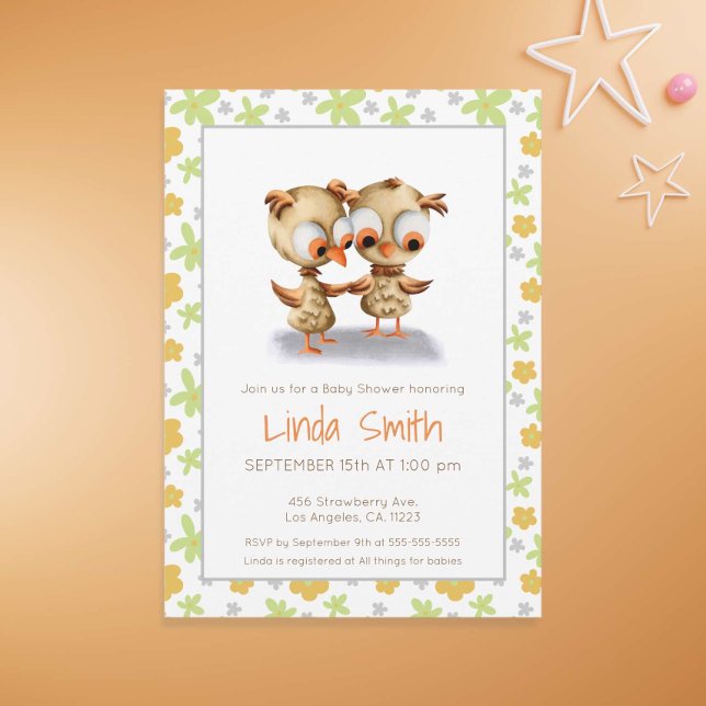 Floral Cute Baby Owls Baby Shower Twins Invitation (Creator Uploaded)