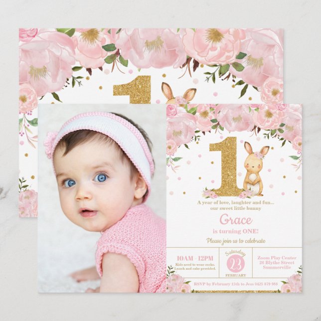 Floral Cute Bunny Rabbit Girl 1st Birthday Photo Invitation (Front/Back)