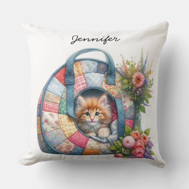 Floral Cute Cat Throw Pillow (Front)