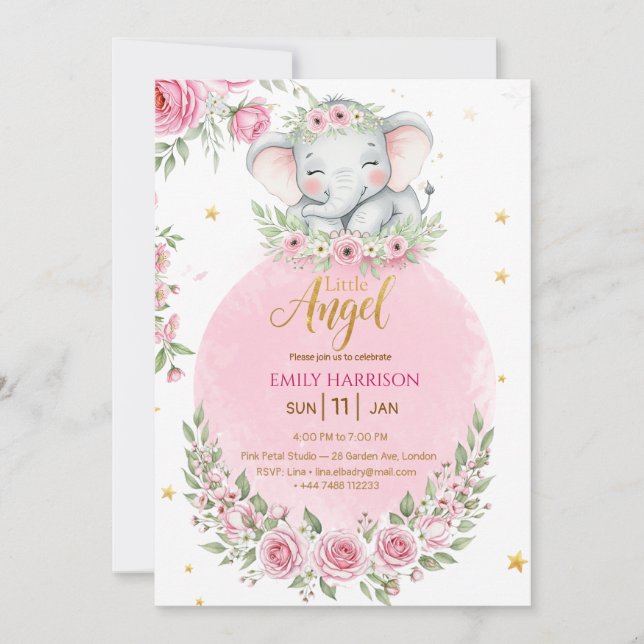 Floral Cute Elephant Girl Baby Shower Invitation (Front)