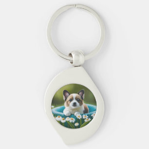 Floral cute little dog in dazies key ring