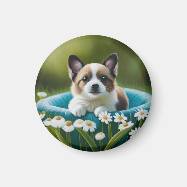 Floral cute little dog in dazies magnet (Front)